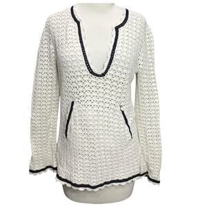 Tory Burch Crochet Sweater Women M Ivory Open Knit Boho Cottagecore Cozy Classic